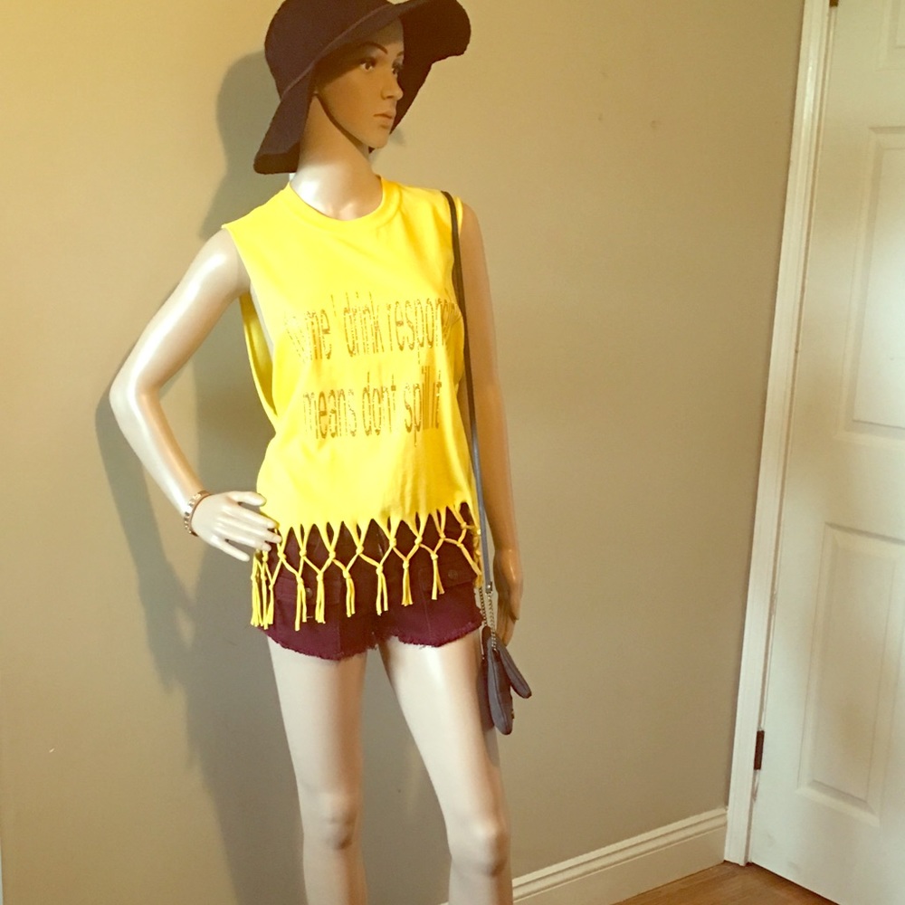 Handcrafted fringe graphic blouse/top NWOT